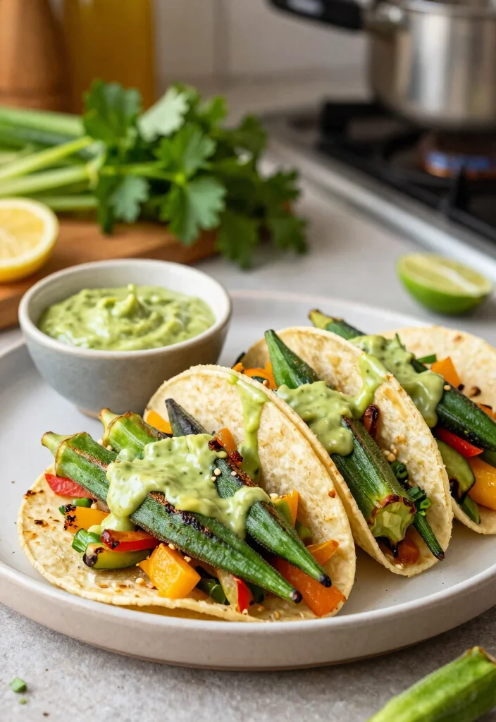 12 Healthy Okra Recipes for Light Savory Cooking 11. Okra Tacos with Avocado Dressing 0